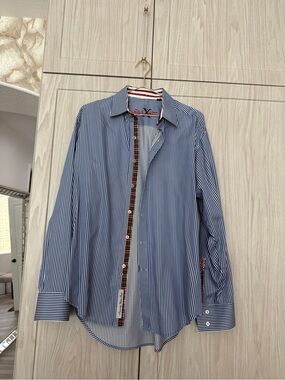 Robert Graham Blue & White Pinstripe Dress Shirt with Plaid Trim